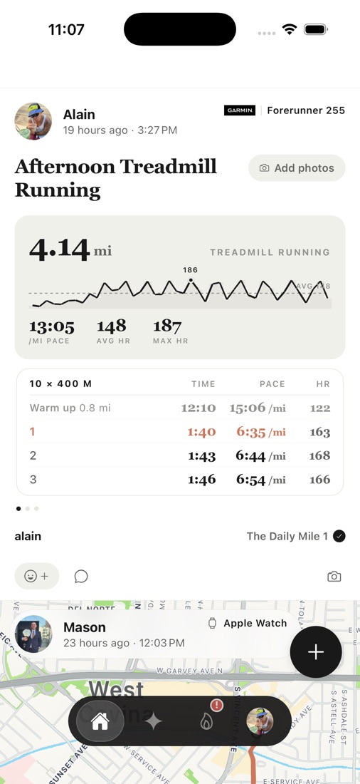 A Garmin treadmill run with a heart-rate chart and a 10 × 400 m interval table