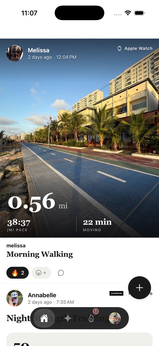 A friend's morning walk in the feed, with a full-bleed photo, distance and pace